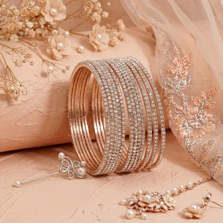 Rose-gold Zircon Bangles for Women | Elegant Daily Wear & Party Jewelry Set-Pack-12