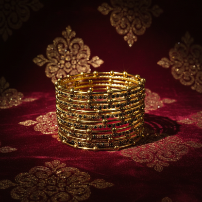 Gold Beaded Zircon Studded Stackable Metal Bangles Set-Pack of 26