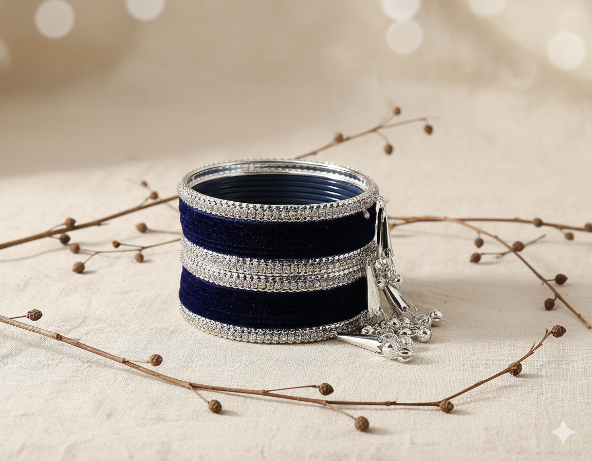 Navy Blue Velvet with Silver Latkan  Zircon  Metal Bangles Set of 16