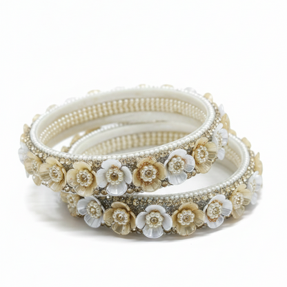 White Floral Glass Kada with Pearl & Stone Work (Set of 2)