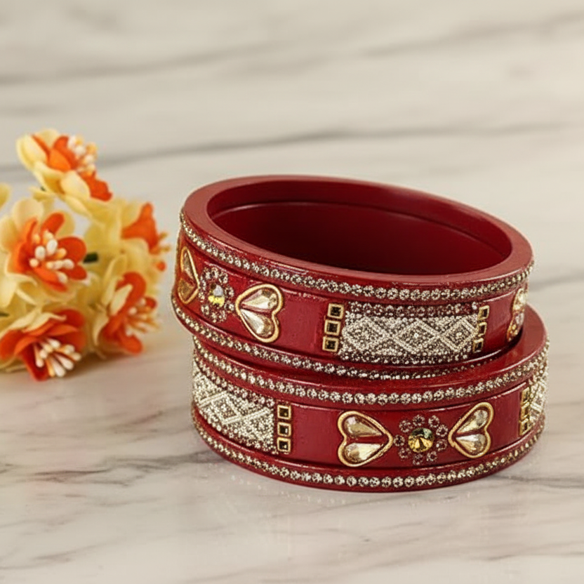The Golden Zircon Diamond & Kundan Work Red Bangle Set with White Moti (Set of 6)