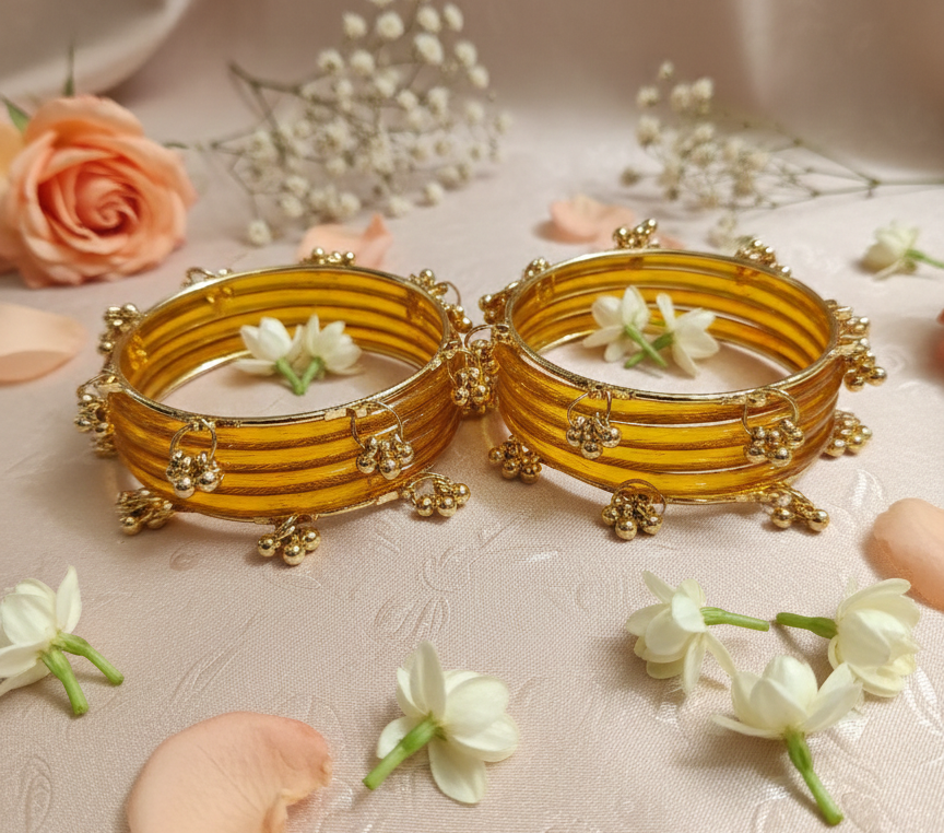 Fancy Yellow Ghungroo Bangles Set  Gold-Toned Alloy with Elegant Latkan Design | Festive & Wedding Wear (Set of 12)