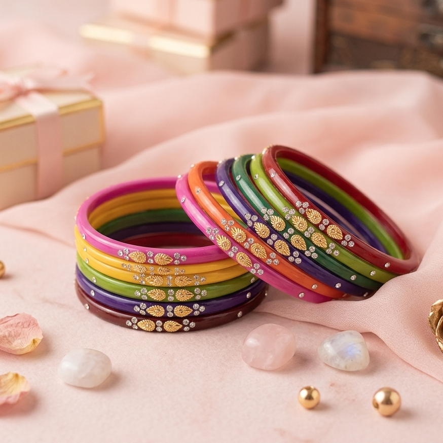 Glass Bangles Set – Pack of 48 | 12 Multicolor Designs with Golden & Stone Work