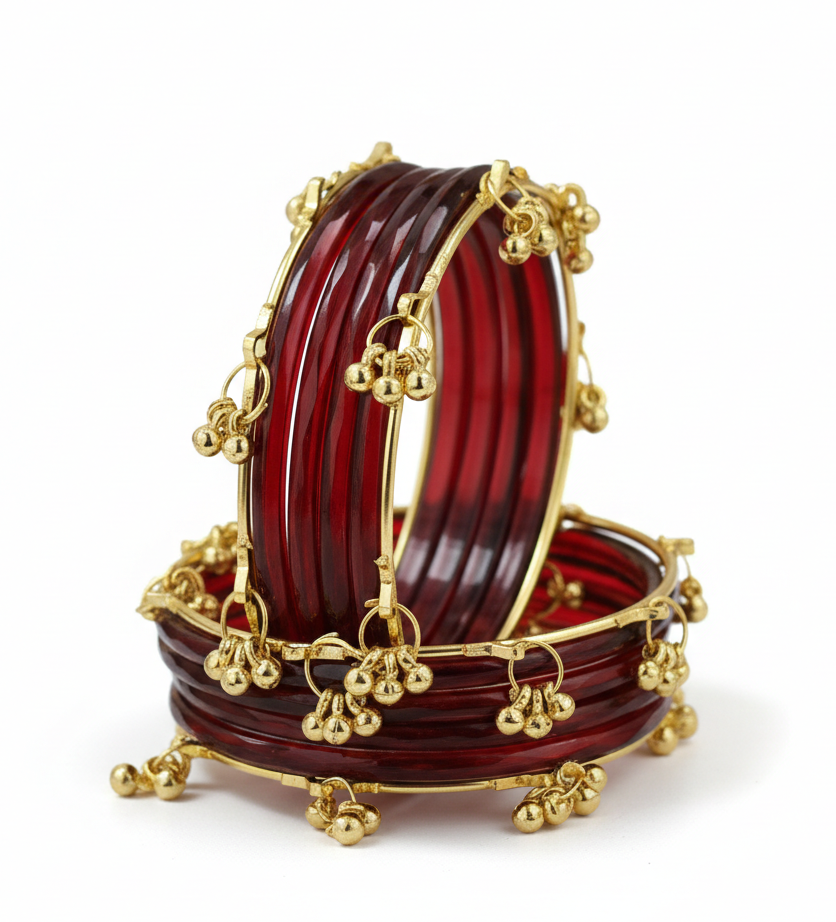 Stylish Maroon Ghungroo Bangles Set  Gold-Toned Alloy with Traditional Latkan Design | Festive & Wedding Wear (Set of 12)