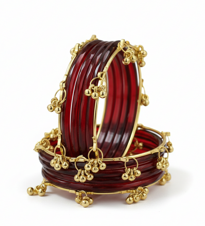 Stylish Maroon Ghungroo Bangles Set  Gold-Toned Alloy with Traditional Latkan Design | Festive & Wedding Wear (Set of 12)