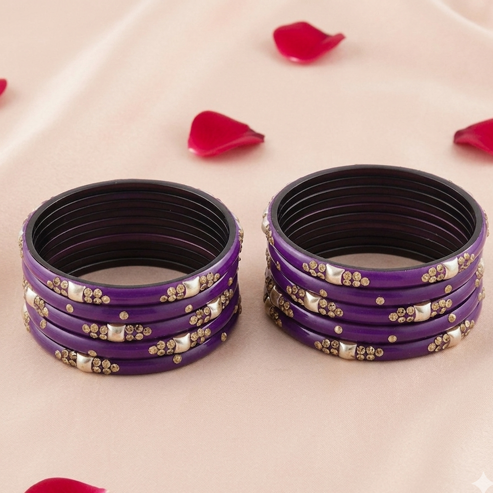 Luxury Purple & Gold Kada Bangle Set (8 pcs) for Wedding & Bridal Wear