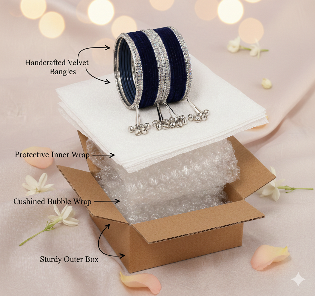 Navy Blue Velvet with Silver Latkan  Zircon  Metal Bangles Set of 16
