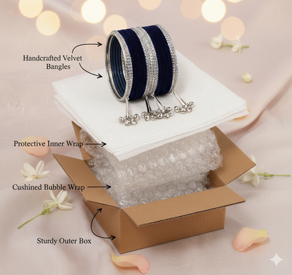 Navy Blue Velvet with Silver Latkan  Zircon  Metal Bangles Set of 16