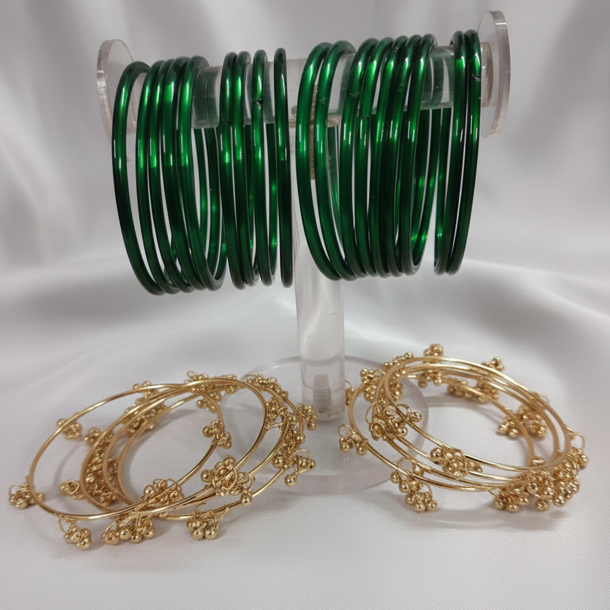 Royal Emerald Green Glass Bangles with Metal Ghungroo – Set of 24