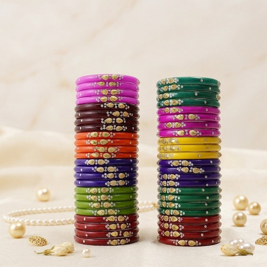 Glass Bangles Set – Pack of 48 | 12 Multicolor Designs with Golden & Stone Work