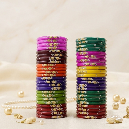 Glass Bangles Set – Pack of 48 | 12 Multicolor Designs with Golden & Stone Work