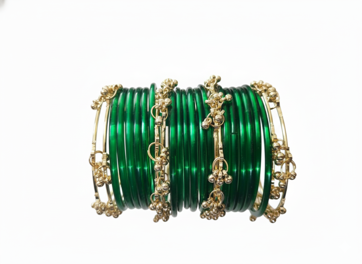 Royal Emerald Green Glass Bangles with Metal Ghungroo – Set of 24