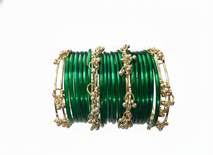 Royal Emerald Green Glass Bangles with Metal Ghungroo – Set of 24