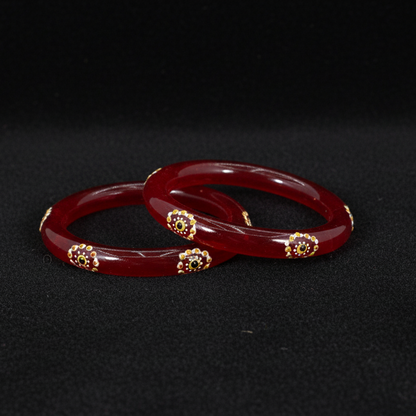 Belgium Kada Glass Bangles | Red Color with Floral Design | Traditional Pack of 2