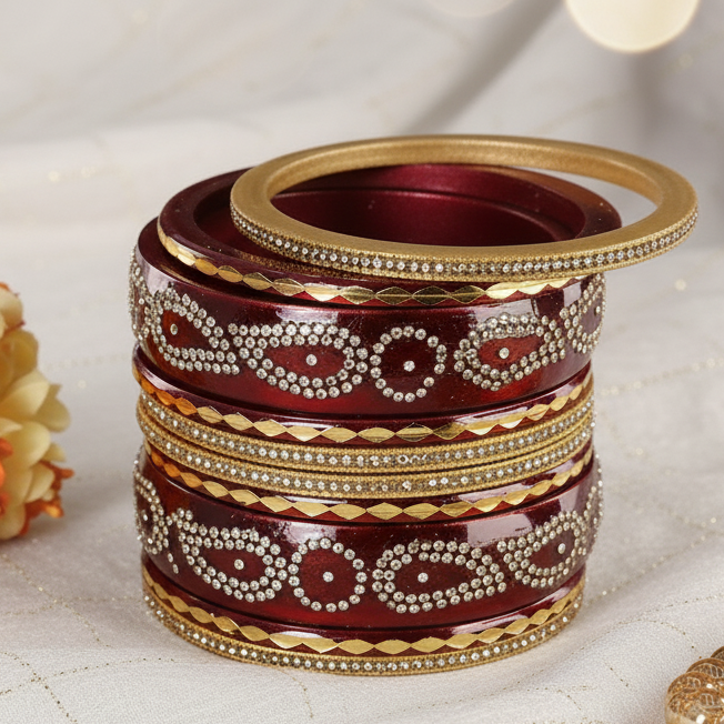 ✨ Maroon Lac Zircon Diamond Stone Bangles – Pack of 10