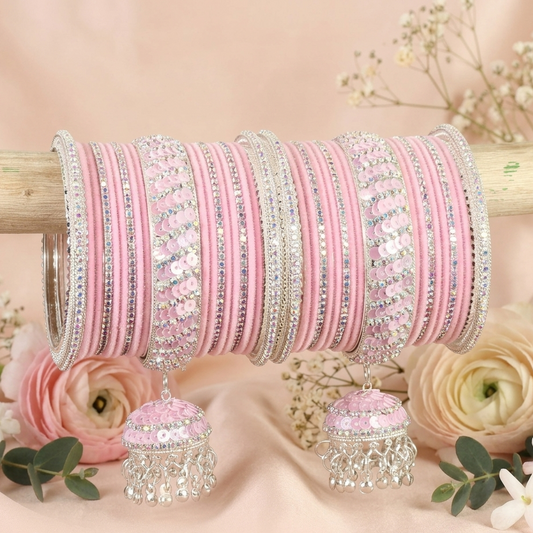 Blush Pink Velvet & Zircon Bridal Bangle Set with Latkan