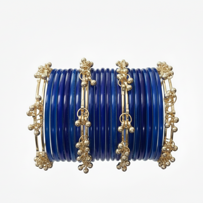 Traditional Blue Glass Bangles with Golden Ghungroo Detailing – Pack of 24