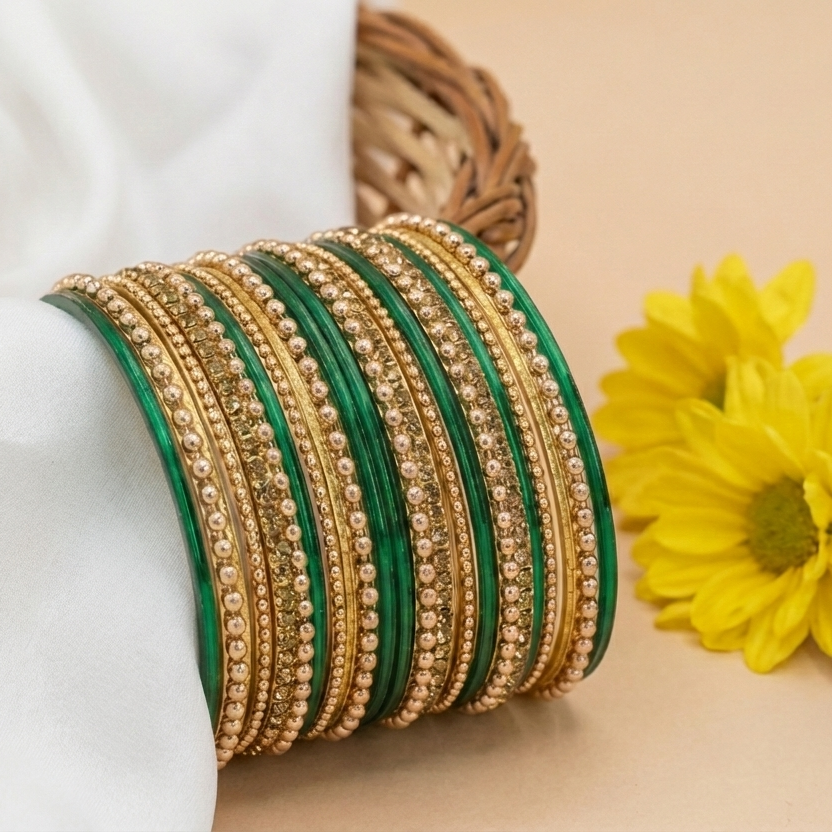 Zircon Studded Metal Bangles with Ball Chain & Plain Bangles Set