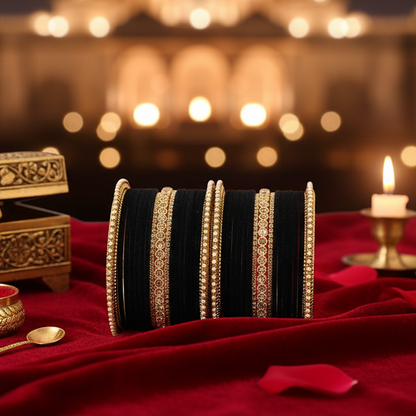Black  Velvet Bridal Chuda Set – Metal Base with Zircon Diamond-Studded Bangles