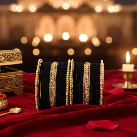 Black  Velvet Bridal Chuda Set – Metal Base with Zircon Diamond-Studded Bangles