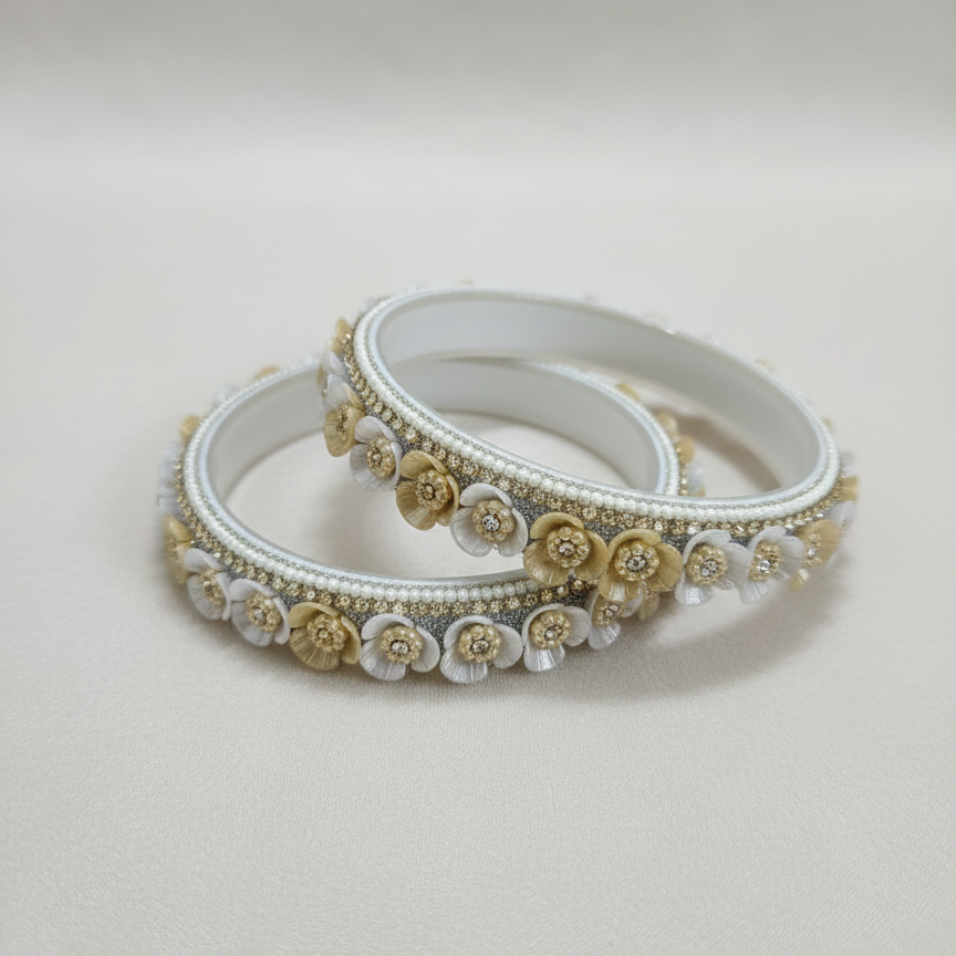 White Floral Glass Kada with Pearl & Stone Work (Set of 2)