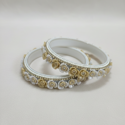 White Floral Glass Kada with Pearl & Stone Work (Set of 2)