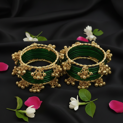 Pack of 16 Green Glass Bangles with Metal Ghungroo – Traditional Bridal