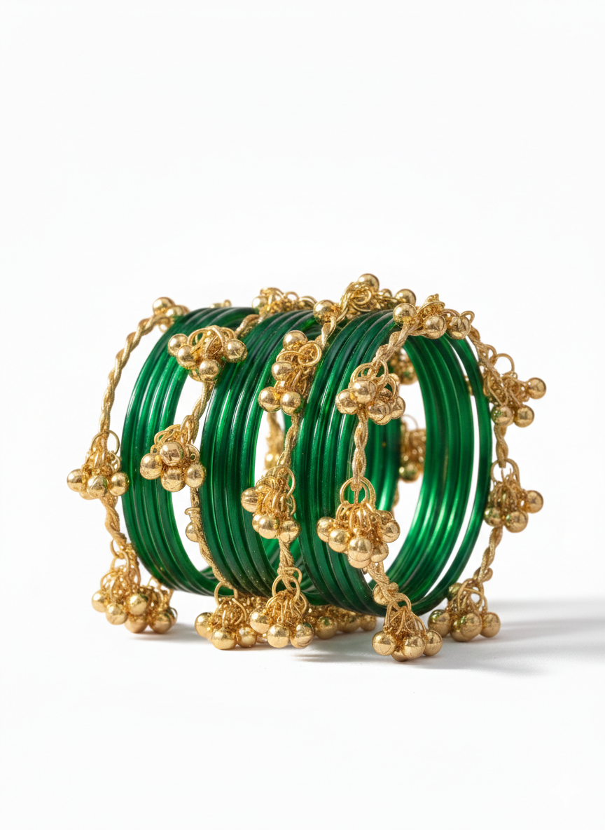 Pack of 16 Green Glass Bangles with Metal Ghungroo – Traditional Bridal