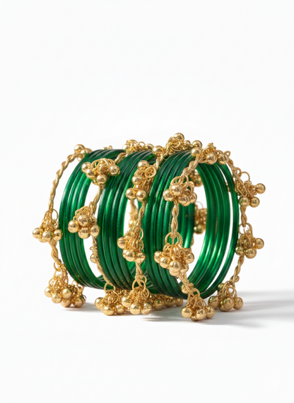Pack of 16 Green Glass Bangles with Metal Ghungroo – Traditional Bridal