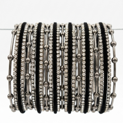 Grey Metal Beaded Bangles Set with Black Velvet & Zircon Stone Pack of 25