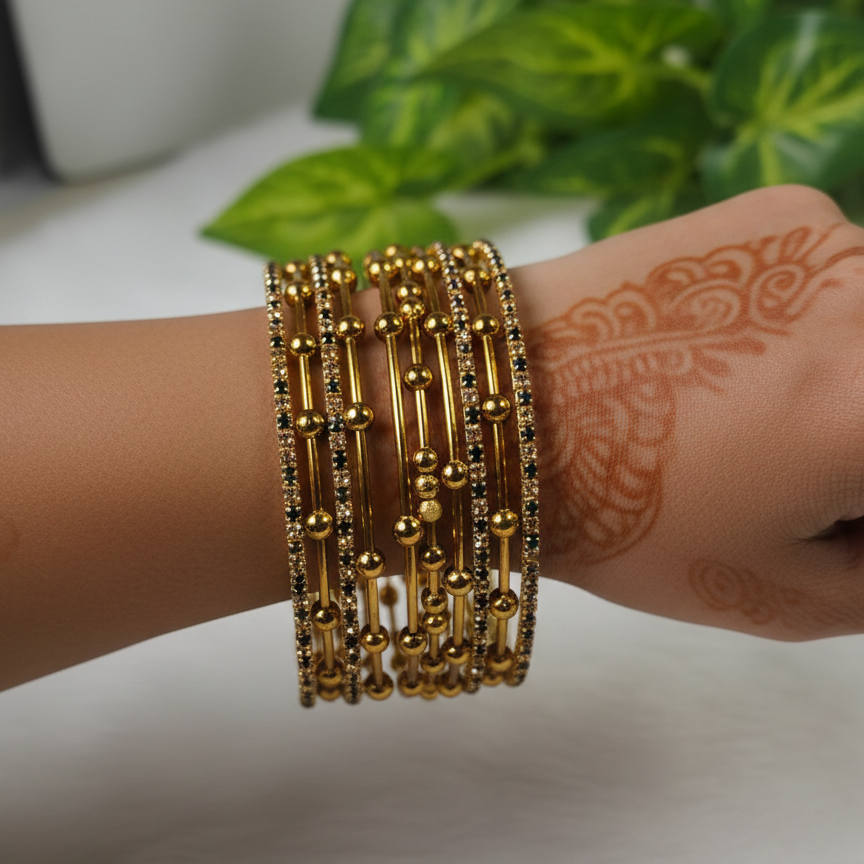 Gold Beaded Zircon Studded Stackable Metal Bangles Set-Pack of 26