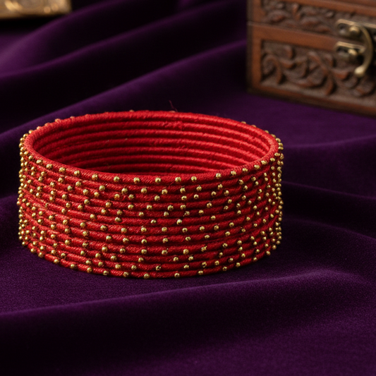 Red Silk Thread Ball Stone Linked Glossy Bangle Set for Women & Girls | Pack of 12