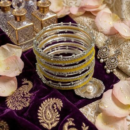 Premium Yellow Velvet & Stone Studded Silver Bangles Set-16