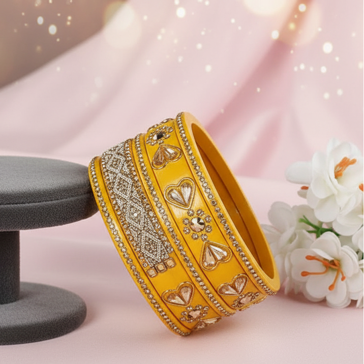 Haldi Gold Splendor: Lakh Luxe Yellow Bangle Set (6-PC) with Kundan & Pearl