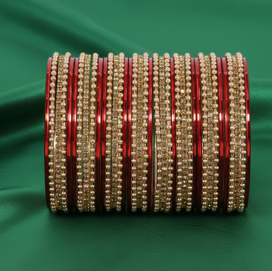 Maroon Zircon Studded Ball Chain Linked Bangle Set for Women & Girls