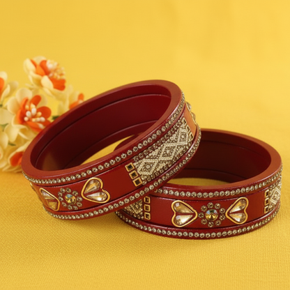 The Golden Zircon Diamond & Kundan Work Red Bangle Set with White Moti (Set of 6)