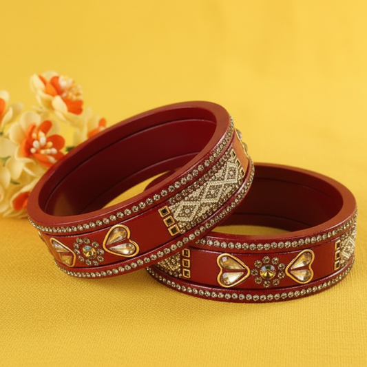 The Golden Zircon Diamond & Kundan Work Red Bangle Set with White Moti (Set of 6)
