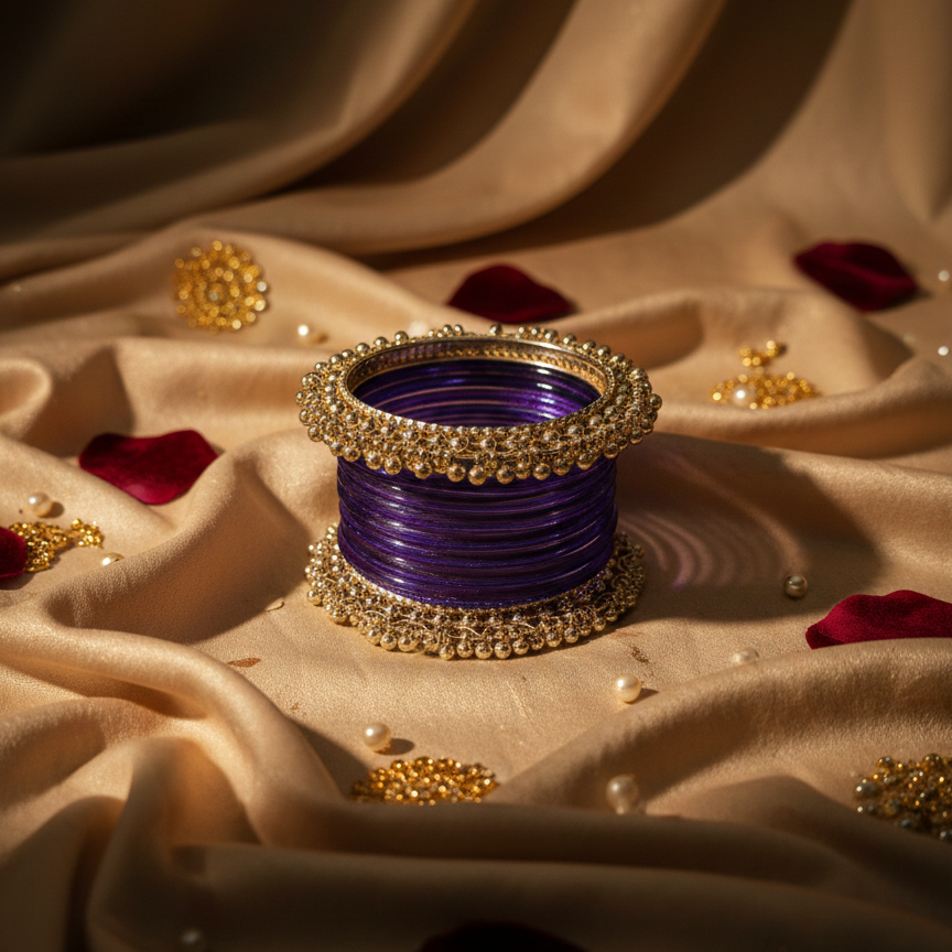 Purple Glass Bangles Set| 8 Glass Bangles + 2 Ghungroo ( One Hand ) -Pack of 10