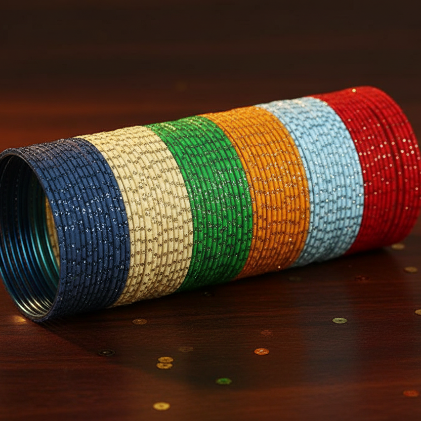 Metal Colourful Bangles Combo | Glitter Zari Polka Dots | Set of 144 | 12 Vibrant Colours