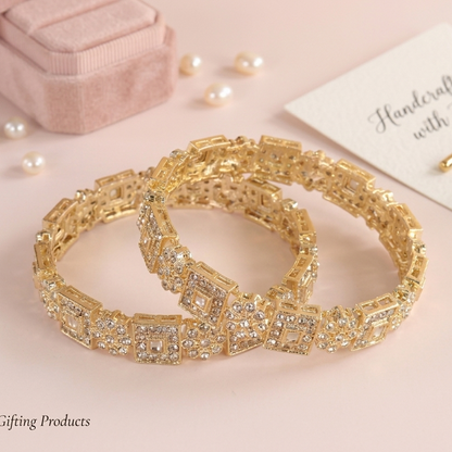 Gold Plated Stone-Studded Bangles with Square Motifs – Set of 2