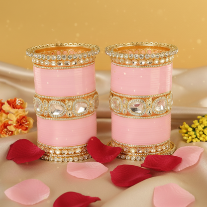 Bridal Pink Metal Gold Chuda Set | Traditional Wedding Bangles for Women | Set of 70