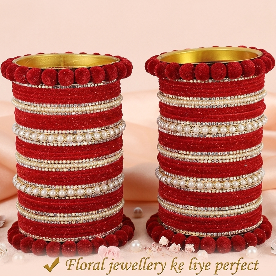 Red Velvet Bridal Chuda – With Zircon & Pearl Detailing