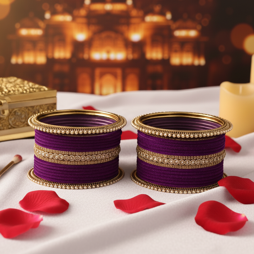 Royal Velvet Zircon Bridal Chuda Set – Metal Base with Diamond Finish Bangles