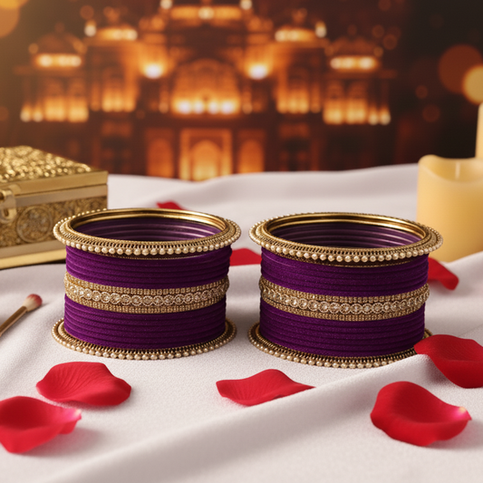 Royal Velvet Zircon Bridal Chuda Set – Metal Base with Diamond Finish Bangles