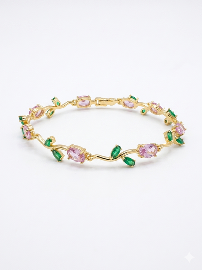 Elegant Gold-Toned Bracelet with Pink Green Stones & Zircon Accents  Stylish Designer Chain Bracelet for Daily & Party Wear
