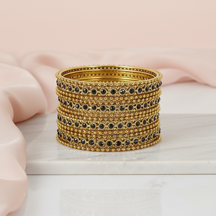 Gold Plated Black Zircon Ball Chain Bangles Set (Pack of 12)