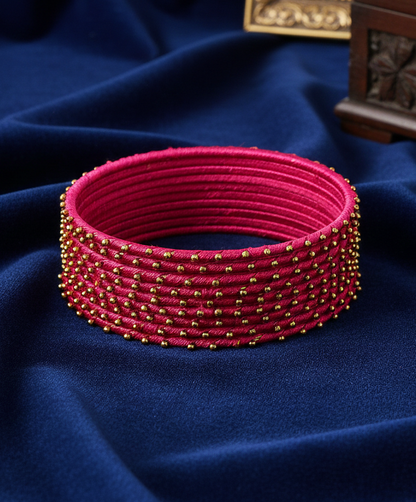 Magenta Silk Thread Ball Stone Linked Glossy Bangle Set for Women & Girls | Pack of 12