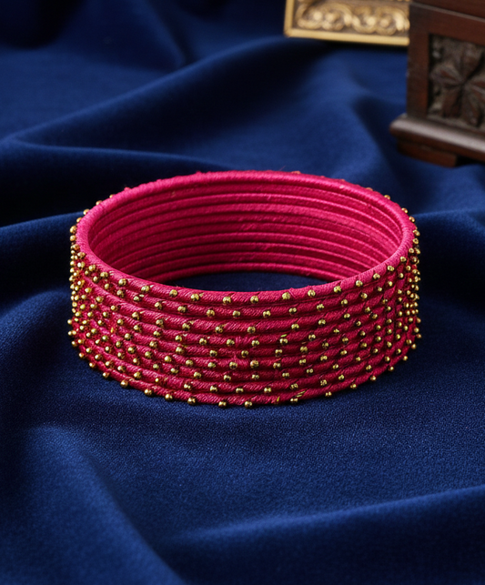 Magenta Silk Thread Ball Stone Linked Glossy Bangle Set for Women & Girls | Pack of 12