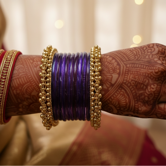 Purple Glass Bangles Set| 8 Glass Bangles + 2 Ghungroo ( One Hand ) -Pack of 10
