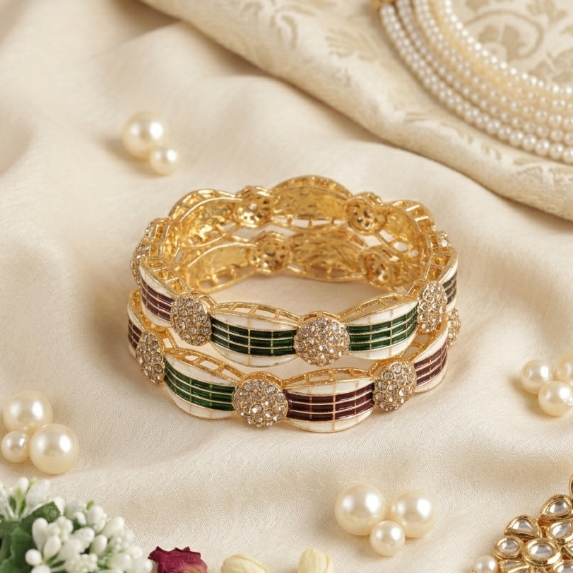 Royal Gold Kada Bangles Set of 2 – Enamel & Crystal Detailing